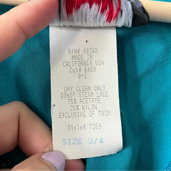 VTG Karen Okada For David Howard Climax Dress Size 3/4 Teal Floral Lace Fringe - Picture 8 of 13